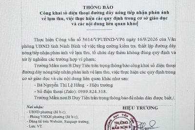 THÔNG BÁO CÔNG KHAI SĐT ĐƯỜNG DÂY NÓNG-TRƯỜNG MN B DUY TIÊN